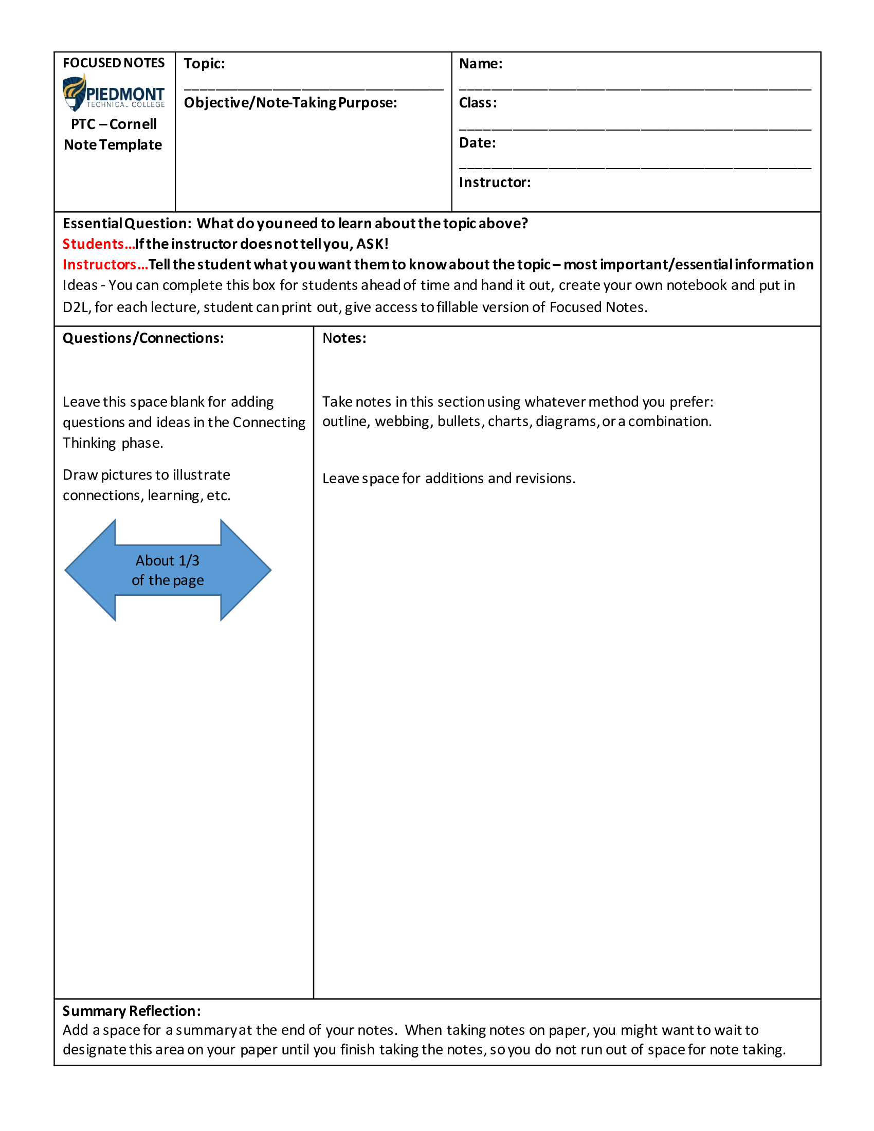 Cornell Note Directions - 1 Page Overview