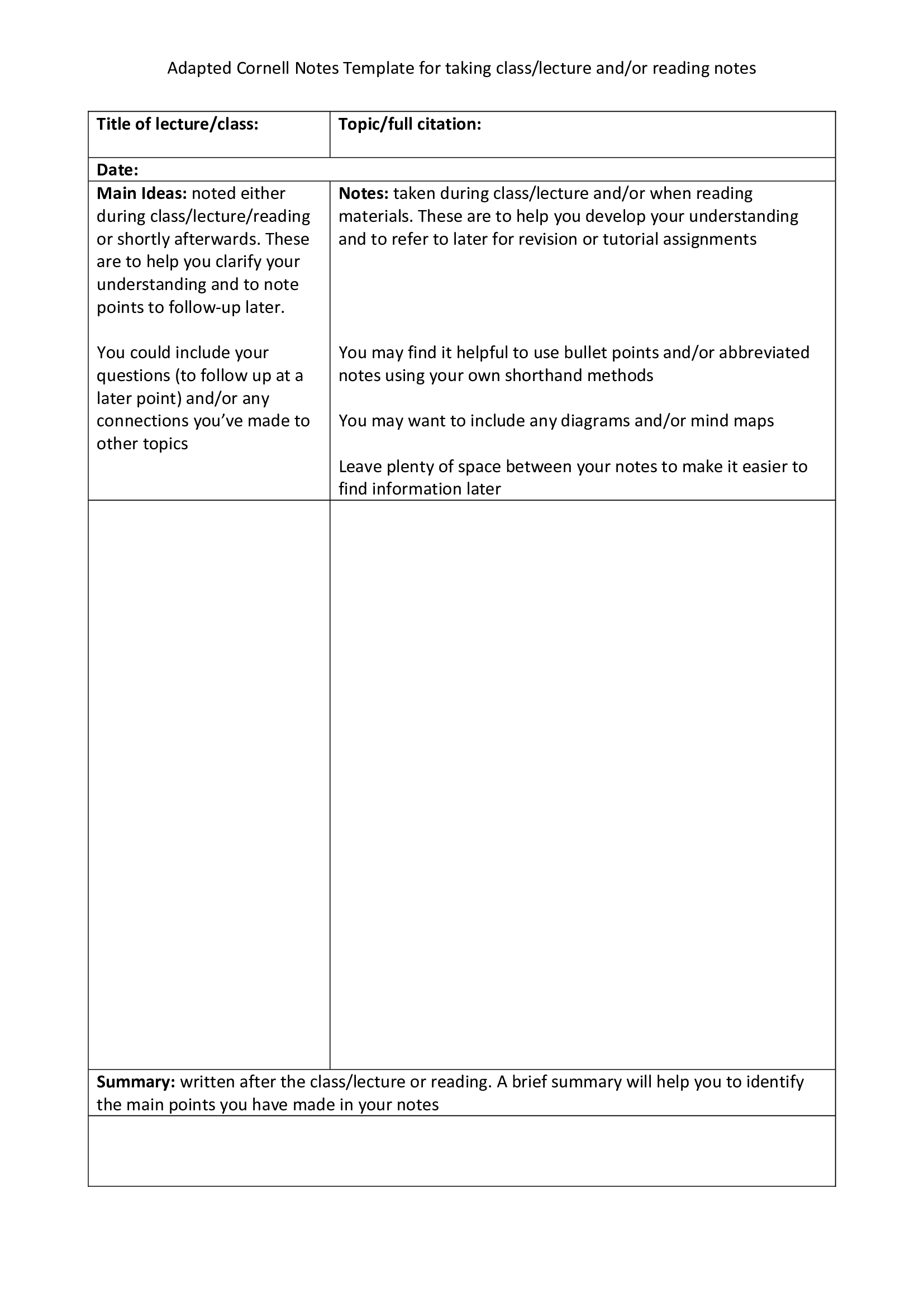 Cornell Note Taking Template