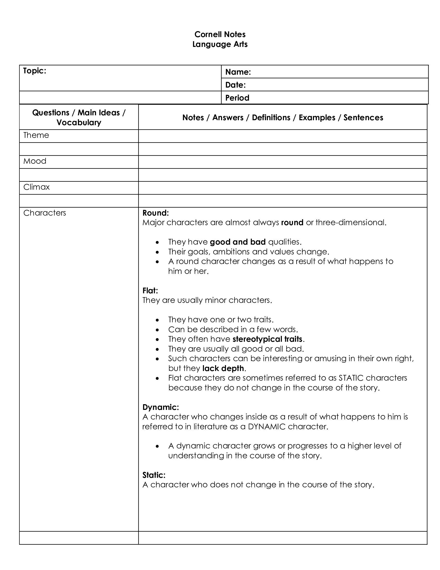 Cornell Notes for Elements of Literature