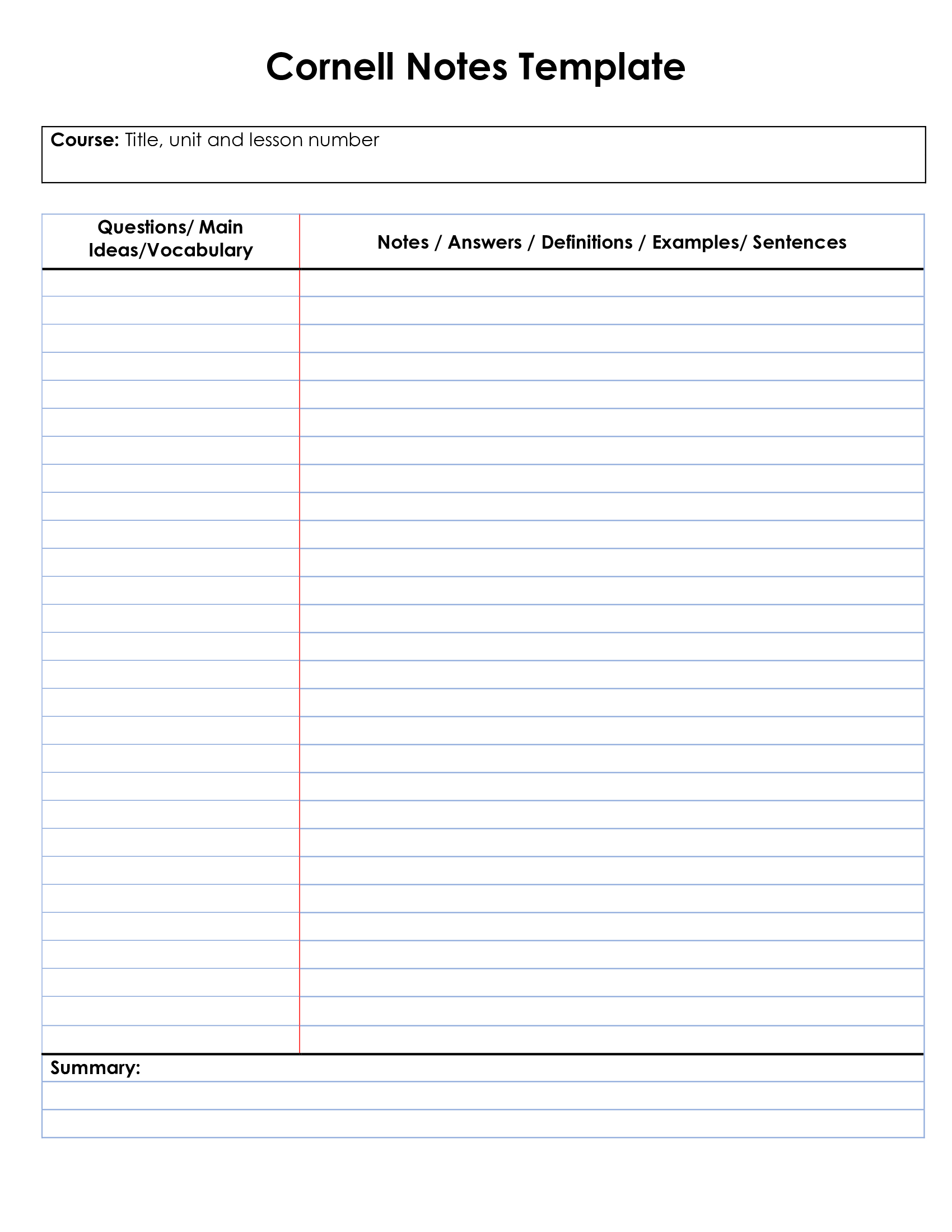 Cornell Notes Method Template