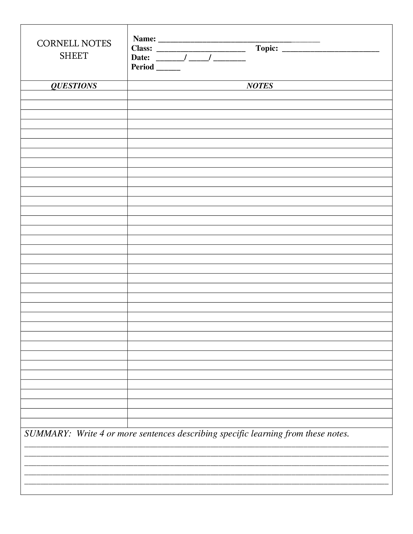 Cornell Notes Template